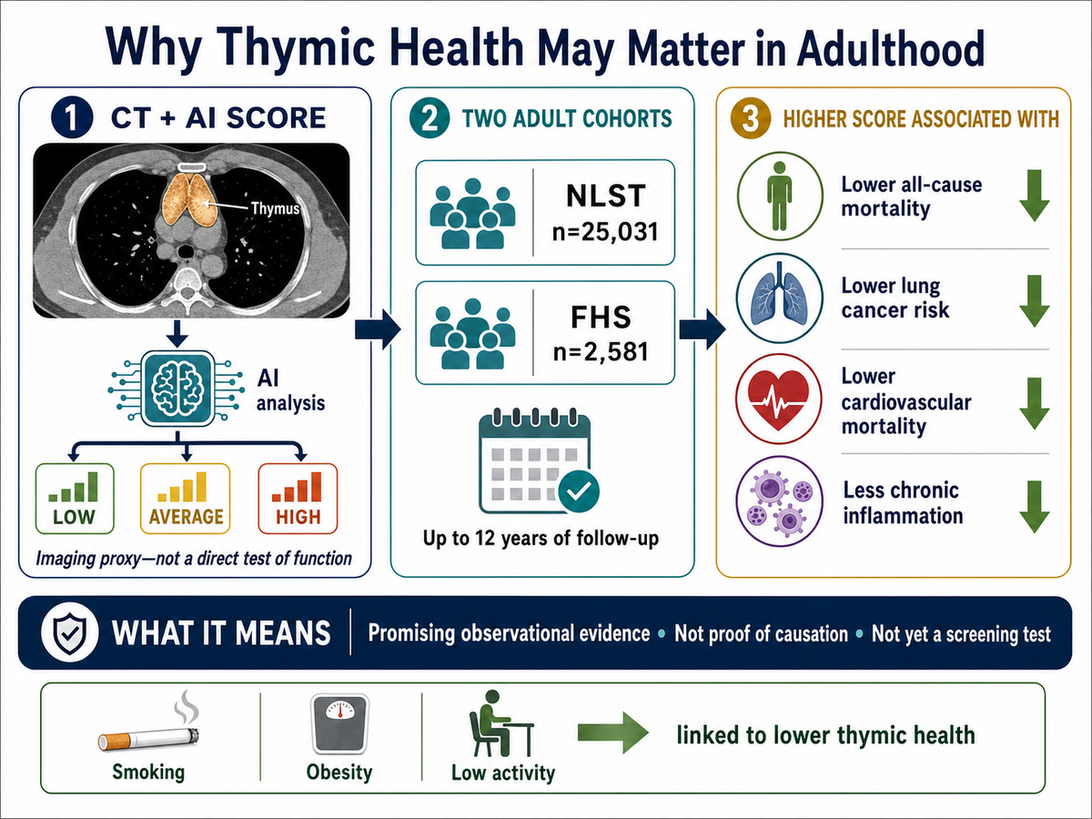 Study overview showing how CT-based AI estimates of adult thymic health were associated with mortality, cancer, cardiovascular outcomes, inflammation, and lifestyle factors